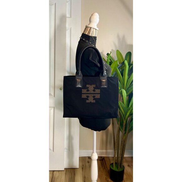 Tory Burch Black Nylon Tote Bag With Leather Handles & Studded Logo - Picture 9 of 10
